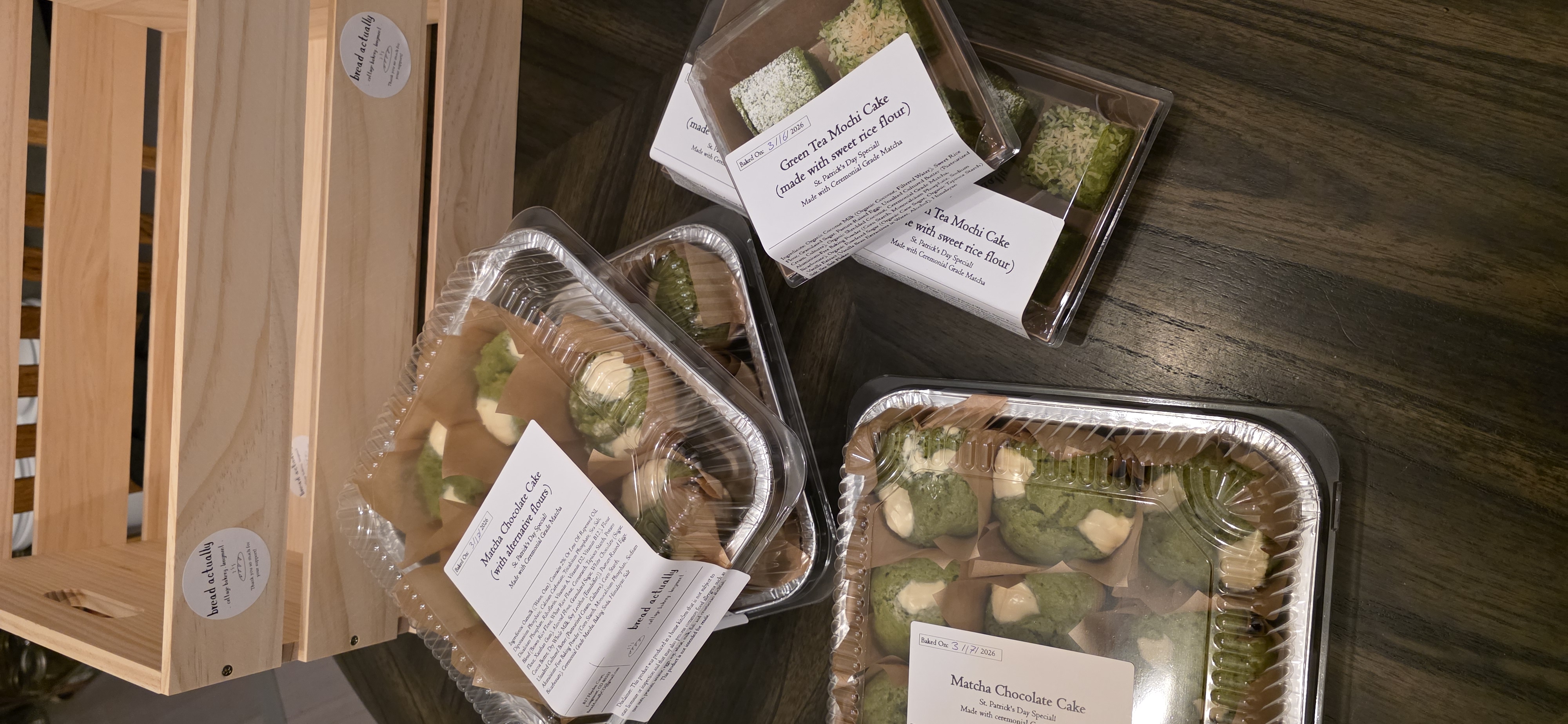 Packaged matcha cakes prepared for Saint Patrick's Day